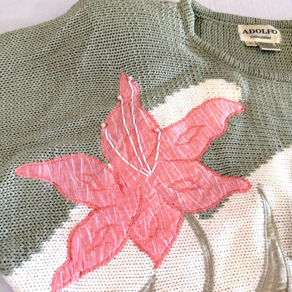 Adolfo Collectible, Vintage Pink Tiger Lily Sage Green Knit Spring Sweater, S - Picture 5 of 7